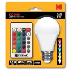 Bombilla led kodak rgb a60 - e27 -  6.5w=55w - mando a distancia