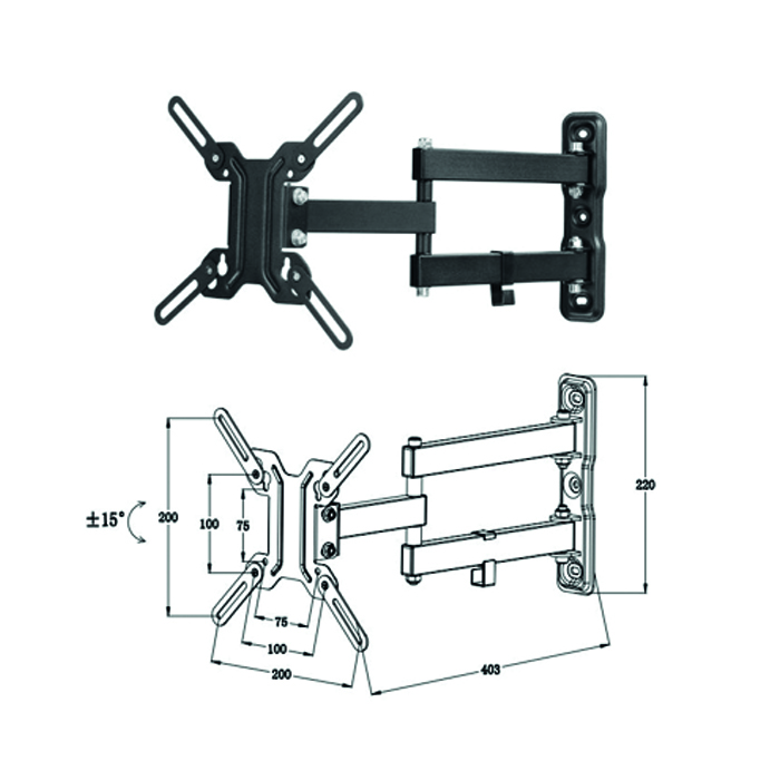 Soporte articulado de pared para phoenix tv - monitor rotacion 180º hasta 55pulgadas(segun vesa) - inclinacion 15º vesa 200x200 hasta 25kg negro