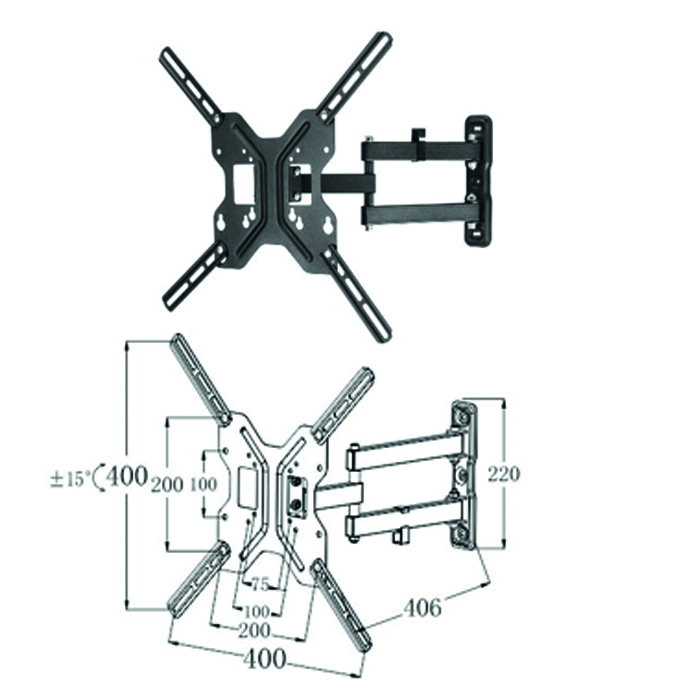 Soporte articulado de pared para tv - monitor rotacion 180º hasta 55pulgadas(segun vesa) inclinacion 15º vesa 400x400 hasta 25kg negro