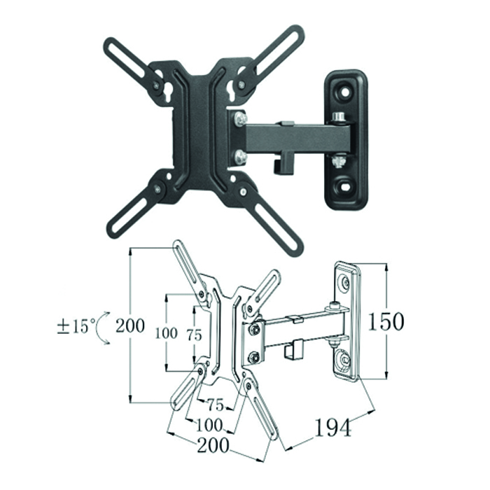 Soporte articulado de pared phoenix para tv - monitor rotacion 180º hasta 55pulgadas(segun vesa) inclinacion 15º vesa 200x200 hasta 25kg color negro