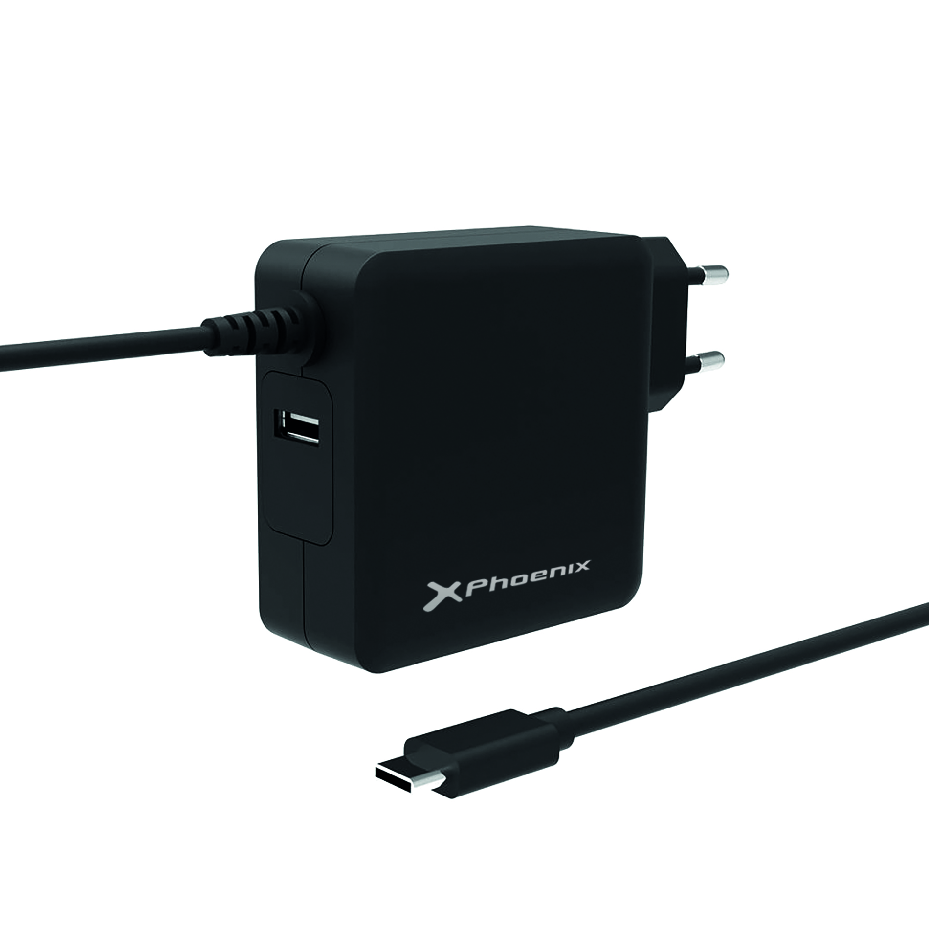 Cargador para portatiles tipo c 65w phoenix con cable integrado y puerto de carga usb 2.4a