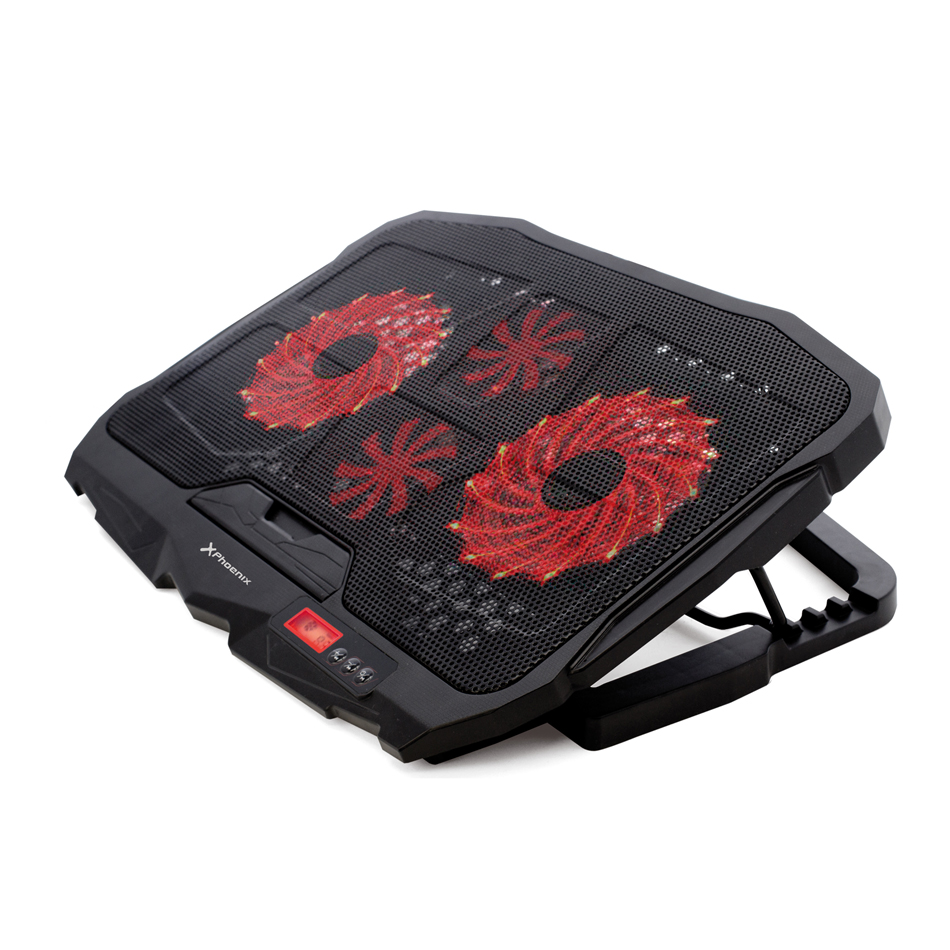 Soporte - base refrigeracion para portatil phoenix phfactorcooler gaming - 2x puerto usb - 4 ventiladores - control pantalla indicadora 6 velocidades - adaptable en altura hasta 17.4'' negro led rojos