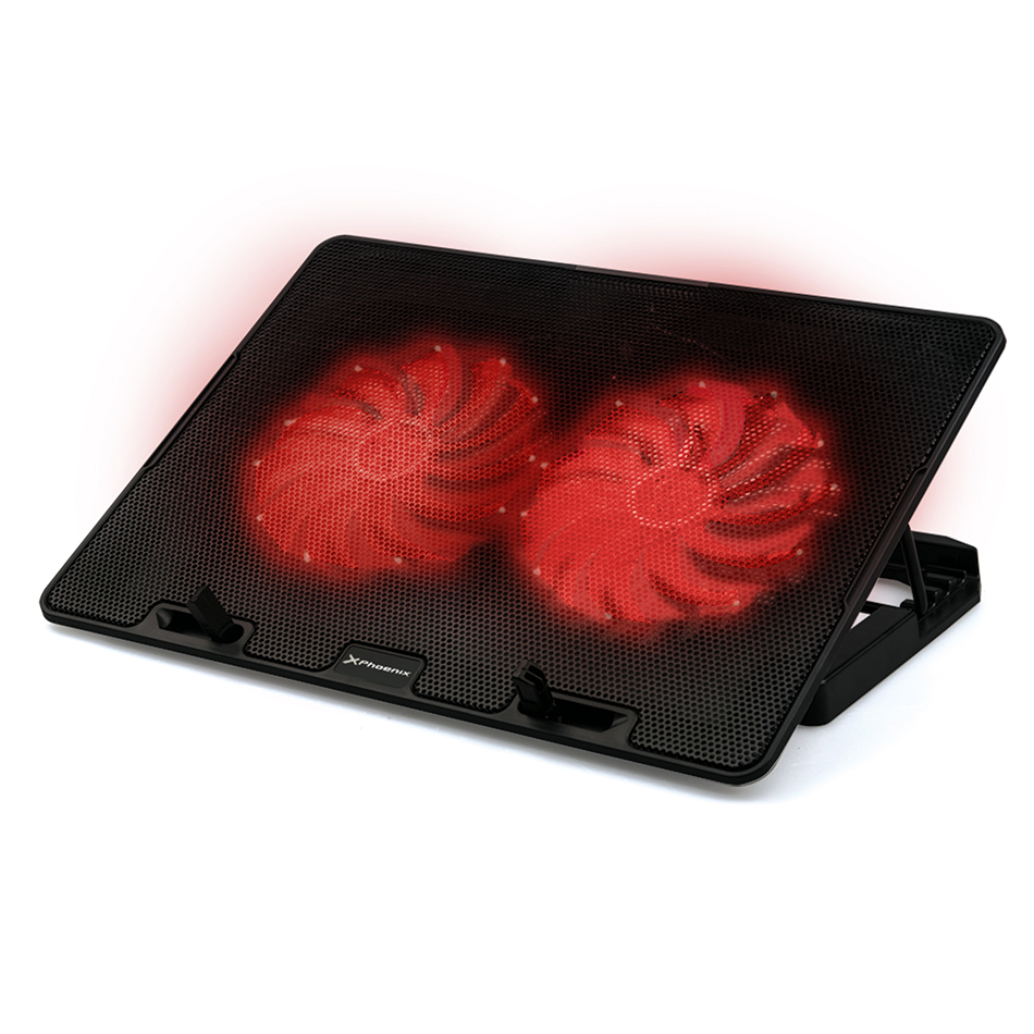 Soporte - base refrigeracion para ordenador portatil phoenix phfactorcoolers gaming  2xpuerto usb  2 x ventiladores  adaptable en altura hasta 17.4'' negro led rojos