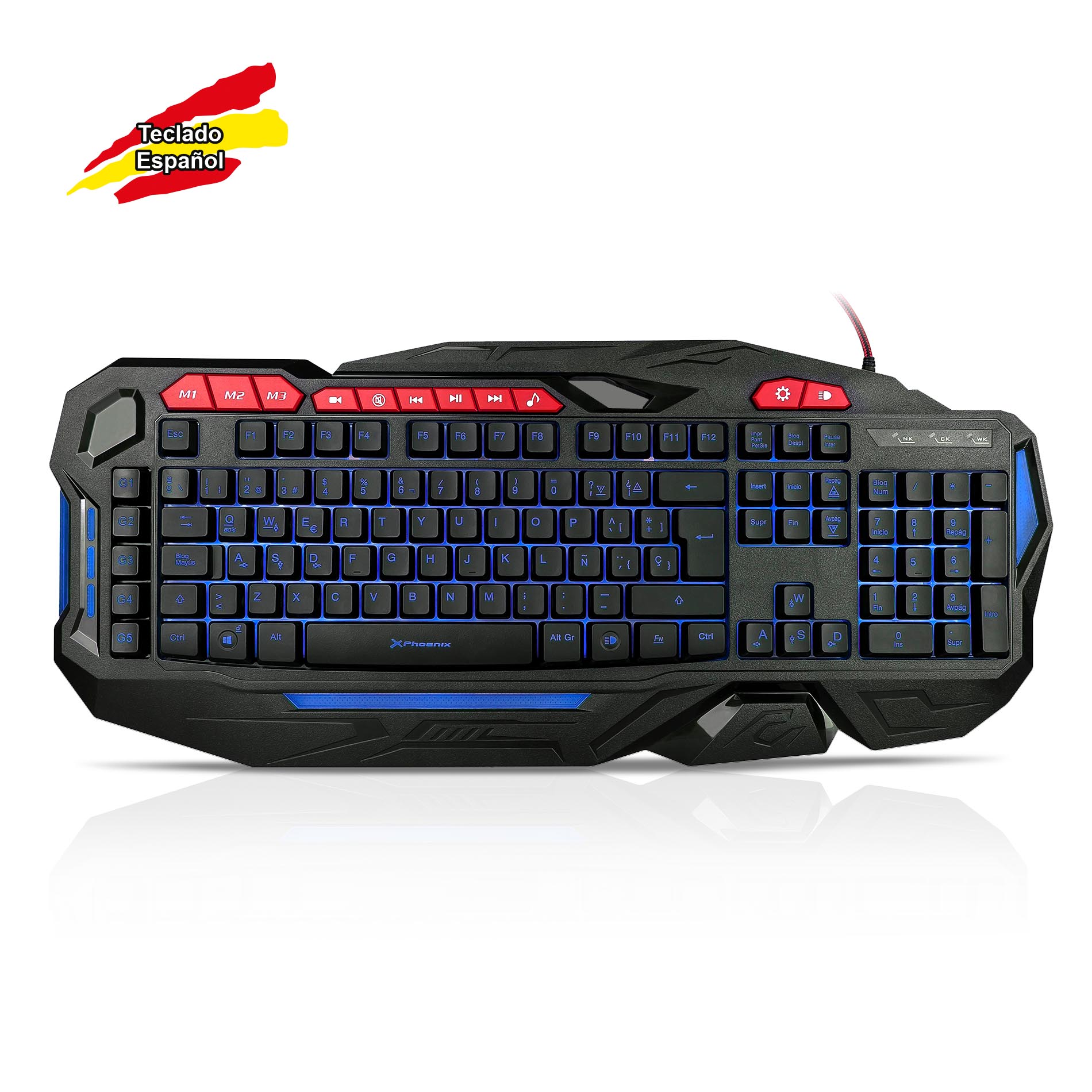 Teclado qwerty español multimedia  phoenix phfactorkey con cable usb - estetica gaming - teclas programables -   retroiluminado 4 intensidades - 3 colores - negro