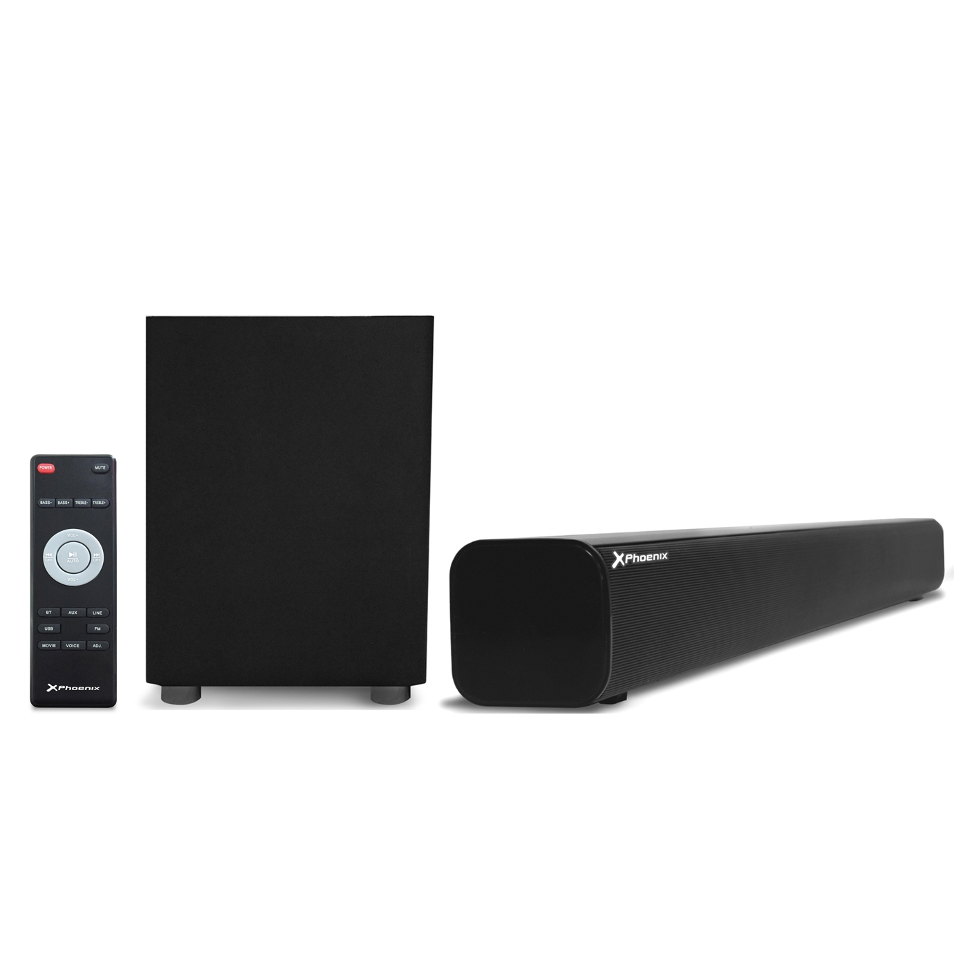 Kit barra de sonido bluetooth + subwoofer wireless phoenix phsbbtwsub 25w+25w - usb - radio fm -  line - in -  sub - out - subwoofer acabado madera  - mando a distancia - pantalla led - color negro