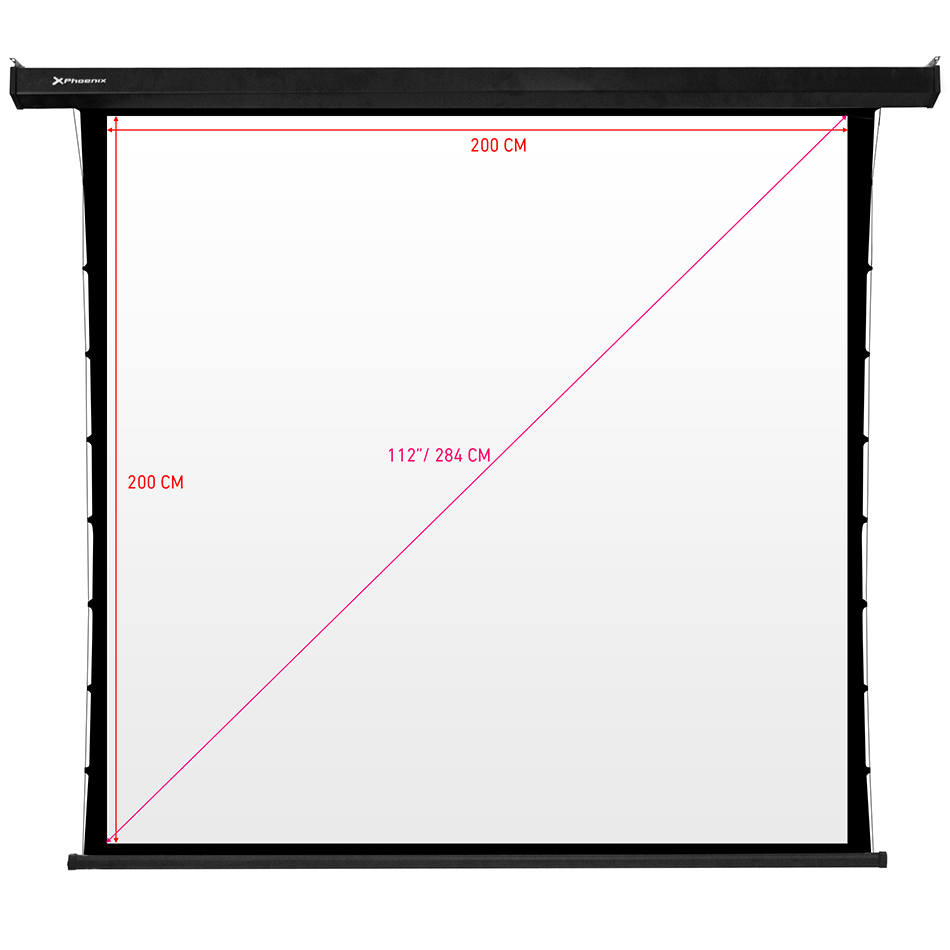 Pantalla electrica videoproyector pared y techo phoenix tensionada 112pulgadas ratio 1:1 - 16.9 - 4:3 2m x 2 m posicion ajustable  ultra silenciosa elimina arrugas carcasa blanca - tela super resistente