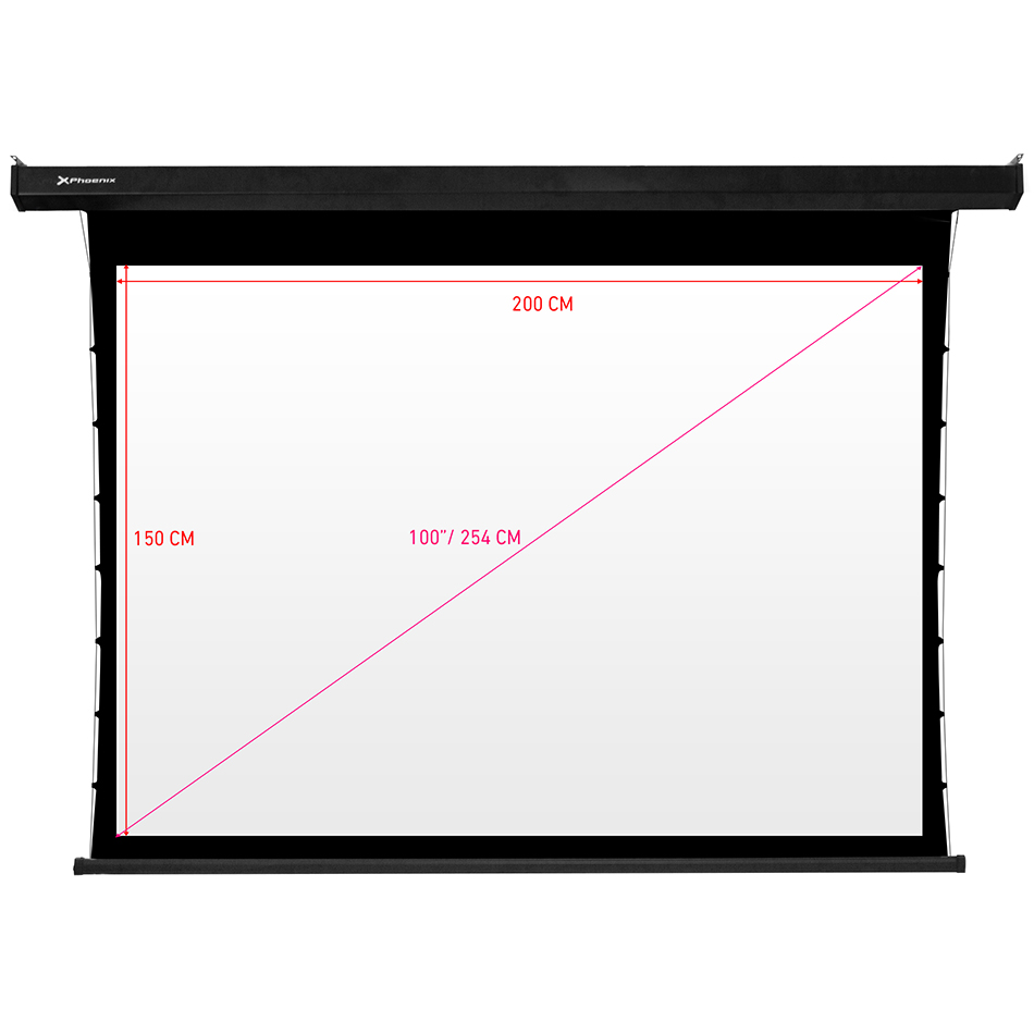 Pantalla electrica videoproyector pared y techo phoenix tensionada 100pulgadas ratio 4:3 y 16:9 2m x 1.5m posicion ajustable ultra silenciosa elimina arrugas carcasa blanca - tela super resistente