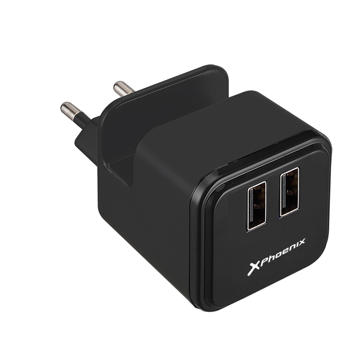 Cargador adaptador usb universal de pared phoenix phusbminicharger con soporte para telefono -   smartphone 2 x usb negro 5v  total 3.1a (2.4a+1a)