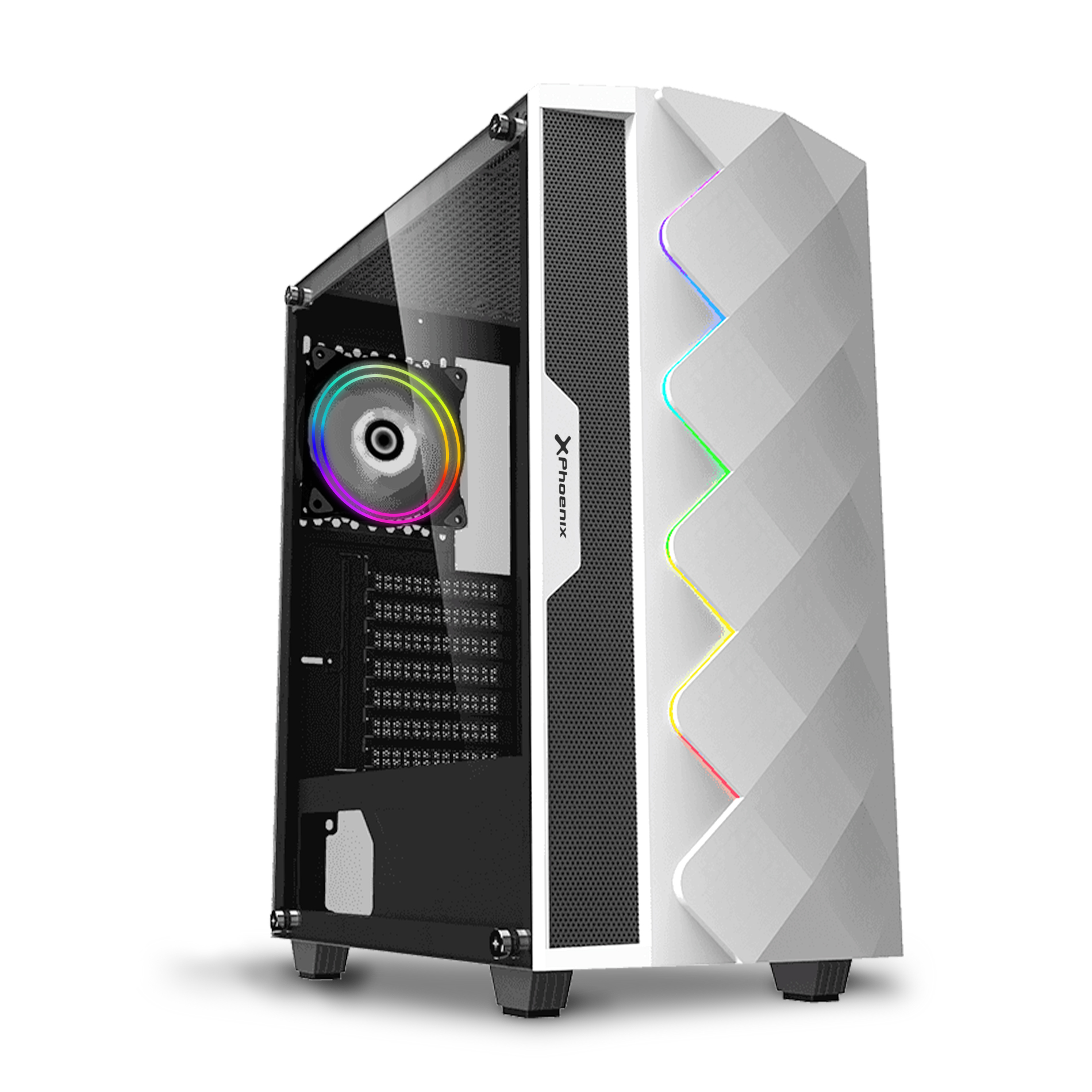 Caja gaming torre phoenix white diamond - cristal templado - tira argb - usb 3.0 - filtros antipolvo - incluye ventilador argb - blanca