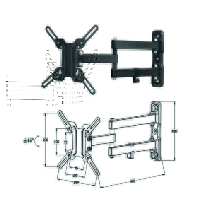 Soporte articulado de pared para phoenix tv - monitor rotacion 180º hasta 55pulgadas(segun vesa) - inclinacion 15º vesa 200x200 hasta 25kg negro