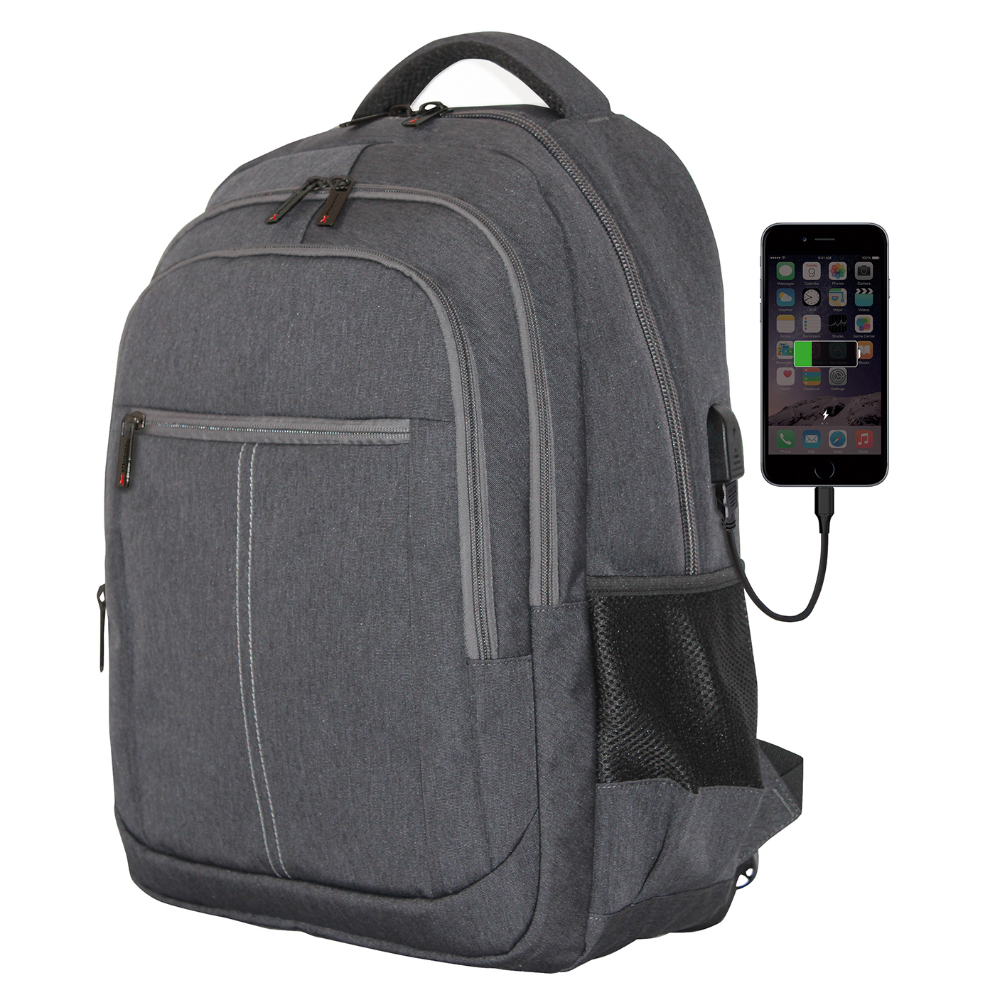 Mochila phoenix boston para portatil hasta 15.6 pulgadas -  con cable usb - viaje - gris