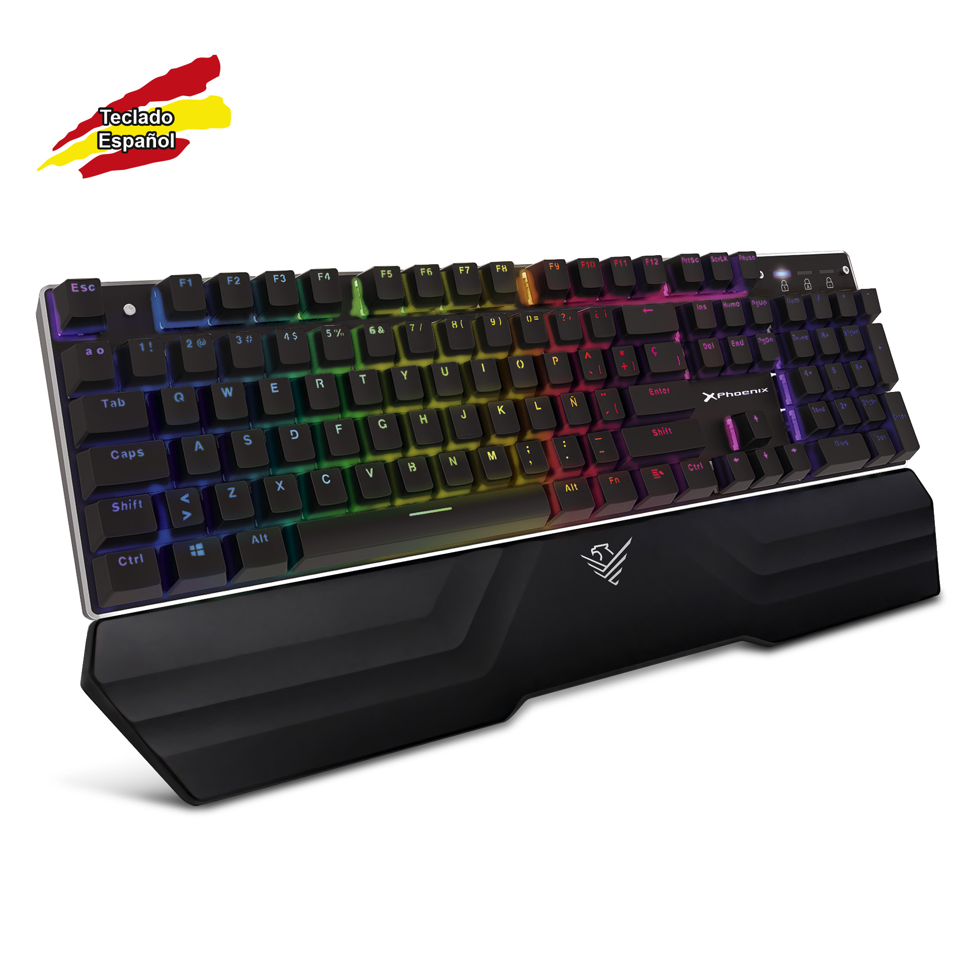 Teclado mecanico phoenix gaming rgb - 14 modos de iluminacion - 5 perfiles de juego configurables - reposamuñecas - programa configuracion - gris