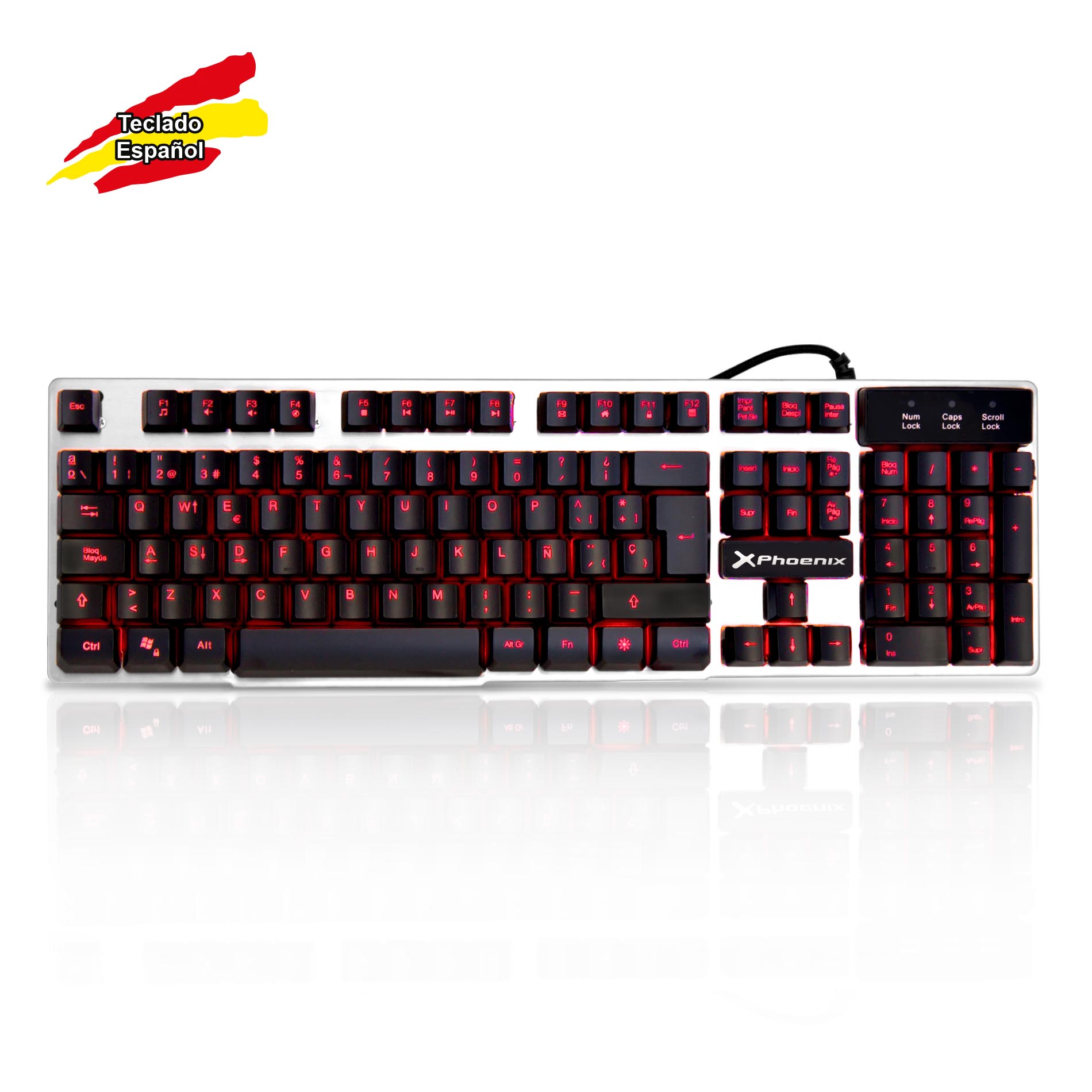 Teclado qwerty español phoenix phfactorkey - s con cable usb - estetica gaming - retroiluminado 3 colores - silencioso - negro