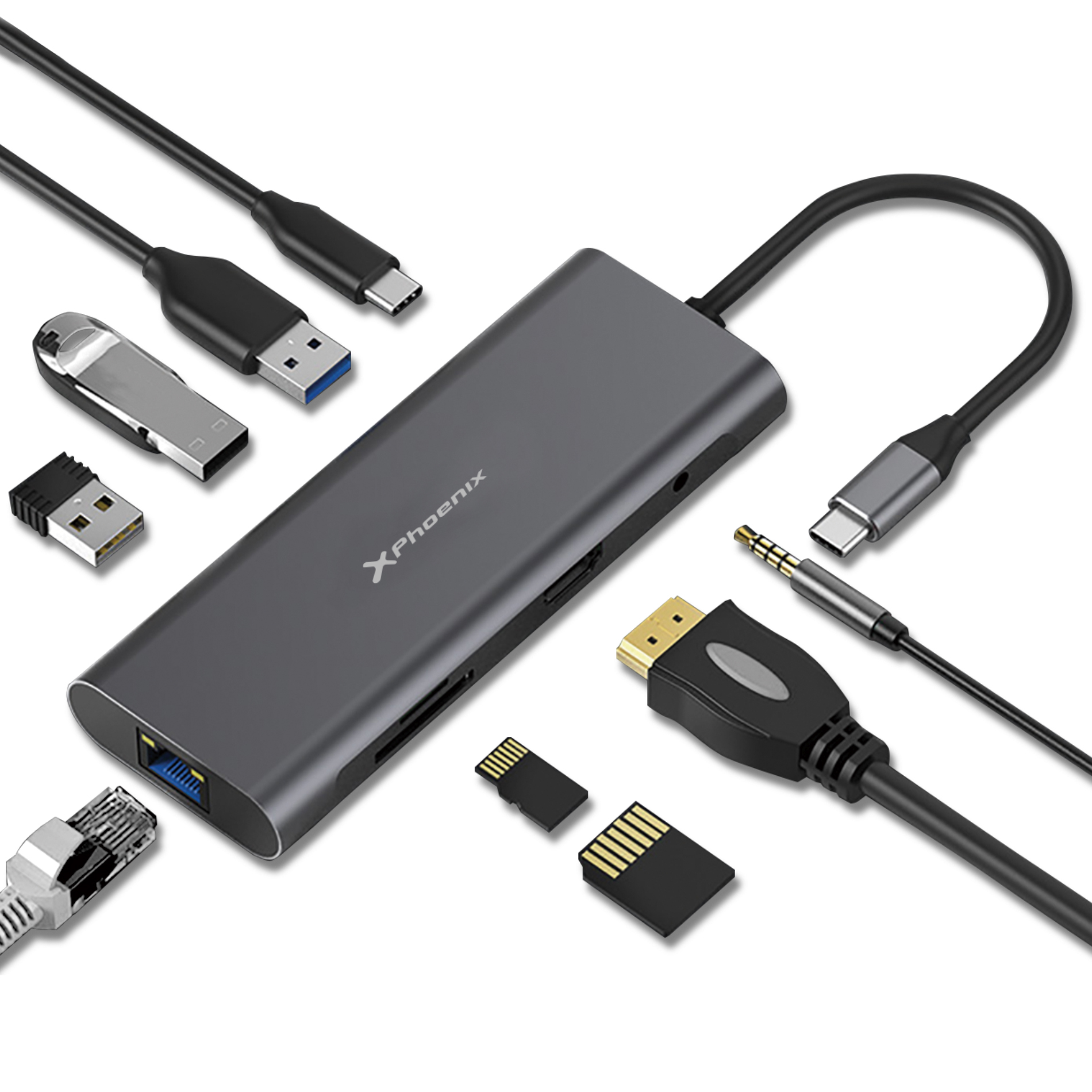 Docking station portable hub usb tipo c phoenix 9 en 1 - conexion ethernet rj45 - hdmi 4k - usb 3.0 - lector de tarjetas - valido para portatiles y tablets tipo c