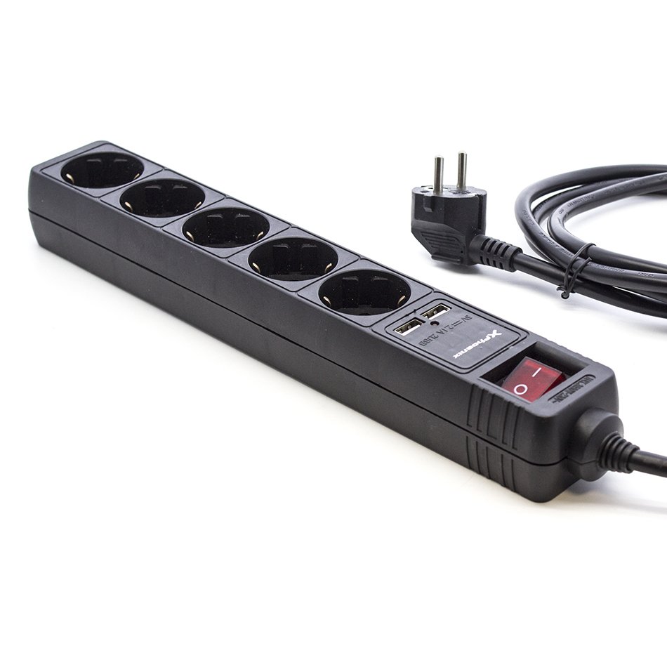 Regleta phoenix  phpowerstrip5usb - 5 tomas enchufe europeo tipo schuko - 2 tomas usb  de 2.1a  -  cable 1.8 metros - ip20 - interruptor - toma de tierra - con proteccion - color negro